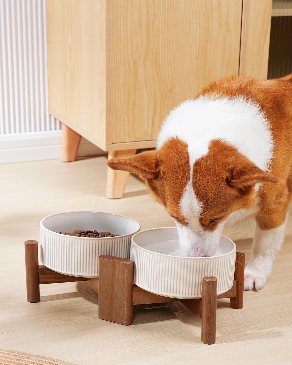 Getstar Ceramic Dog Bowls Set with Acacia Wood Stand, 3.5 Cups Pet Bowls Set of 2 for Medium Dogs, Cute Dog Food Bowl, Cat Bowls