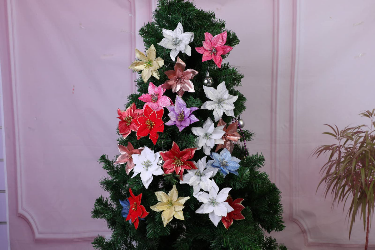 KEPATO Christmas Glitter Poinsettia Christmas Tree Ornaments Pack of 12 (Burgundy)