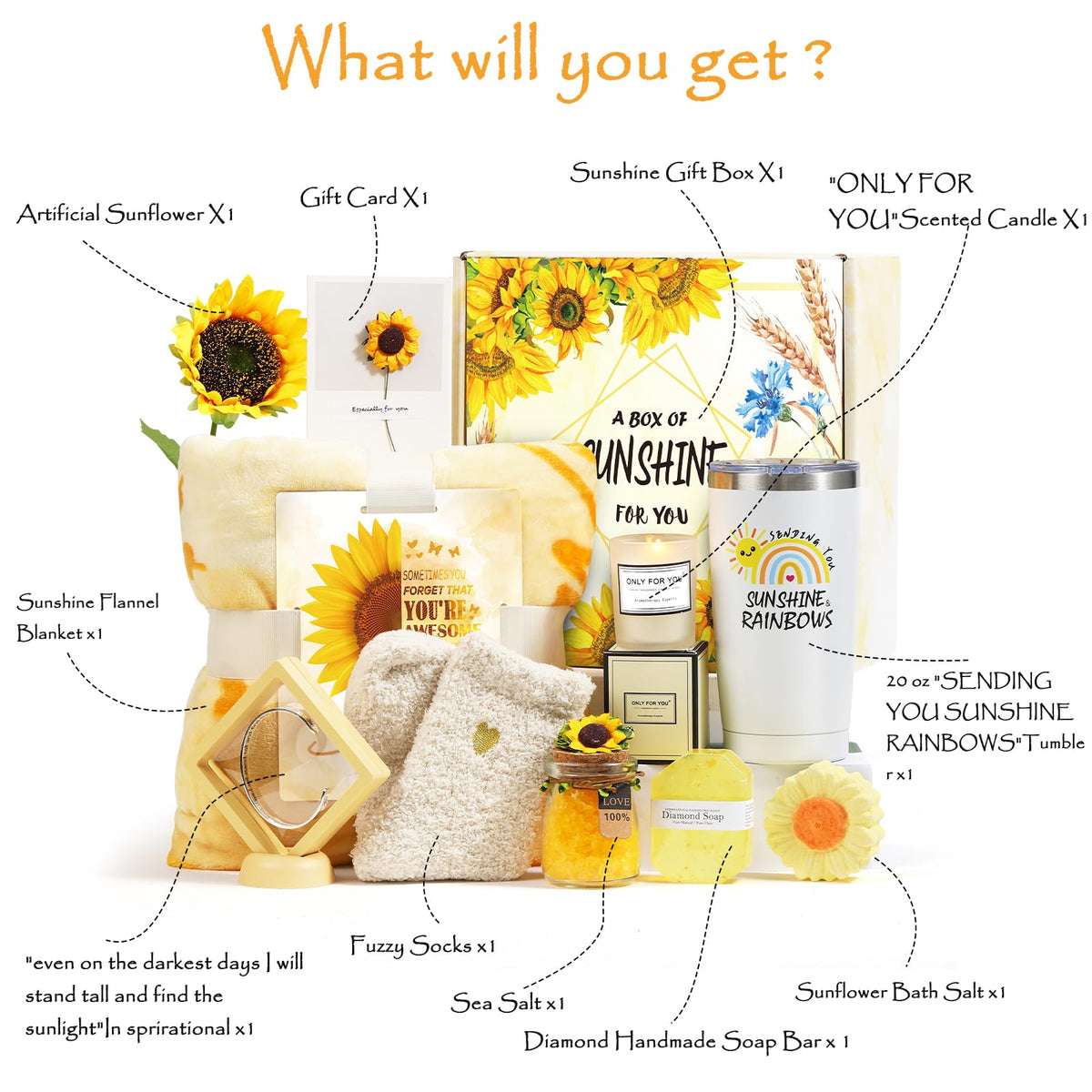Sending Sunshine Gifts for Women, Sending Sunflower Gift for Mom, 10 Pcs Spa Gifts for Women, Birthday Gift Sets, Unique Holiday Gift Basket for Mom, Wife, Sister, her, Girl Friend
