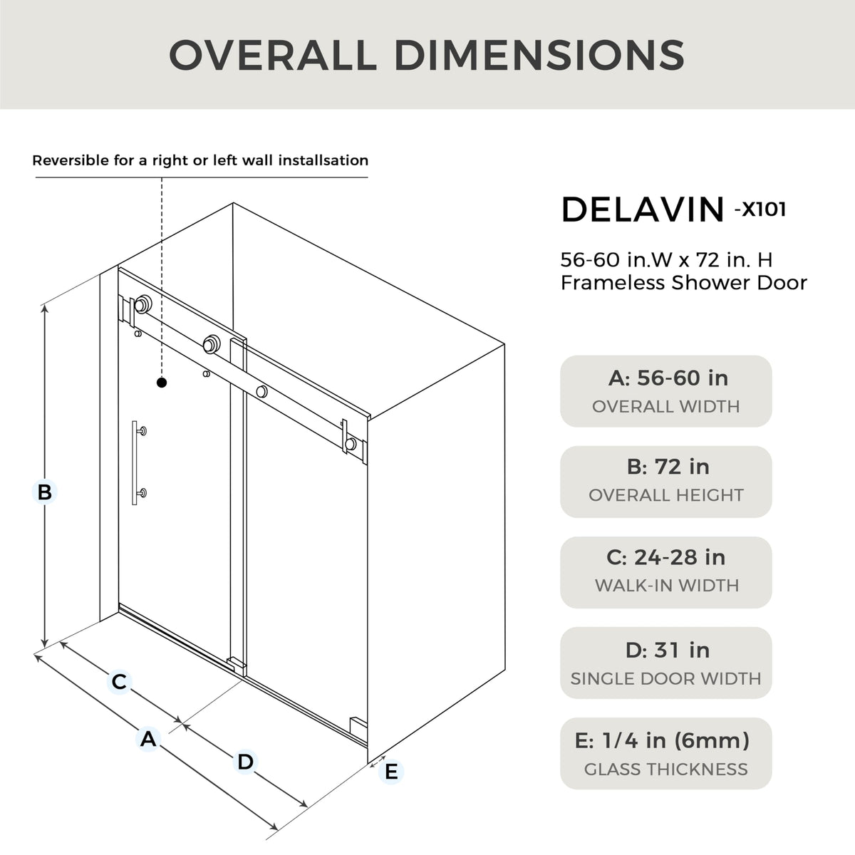 DELAVIN 56-60.in W x 72.in H Frameless Shower Door, Water Repellent Black Shower Door Clear Tempered Glass, Easy Sliding Showe Door with Explosion-Proof Film, Stainless Steel, Metal