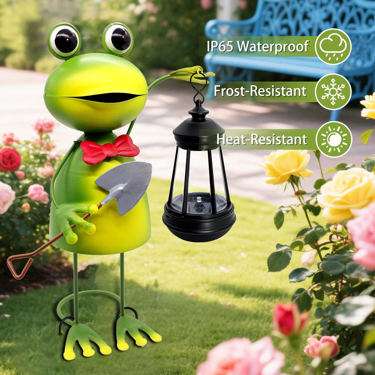 Solar Garden Lights Frog Statue with Solar Lantern,13.78in Tall Frog Decor Fairy Accessories,Mothers Day Birthday Gifts for Women Mom Grandma,Big Metal Decorative Stakes for Home Decor,Patio,Yard Art