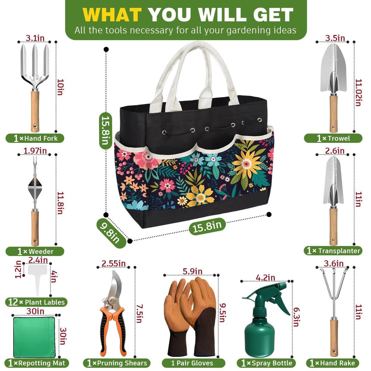 22Pcs Gardening Tools Set for Women Heavy Duty Garden Hand Tool Kit Garden Gifts for Mom Beginner Gardening Accessories with Tote Bag/Shovel/Repotting Mat/Plant Labels/Gloves-Black