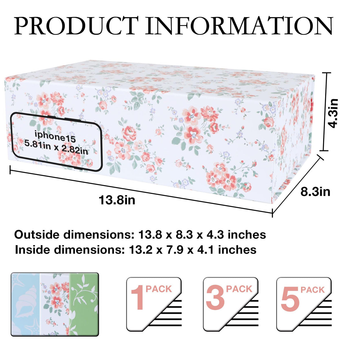 LFBOX Rose Floral Gift Box with Magnetic Lids 13.8x8.3x4.4 in, Large Bridesmaid Proposal Boxes, Rectangle Wedding Decorative Storage Box 3 Pack