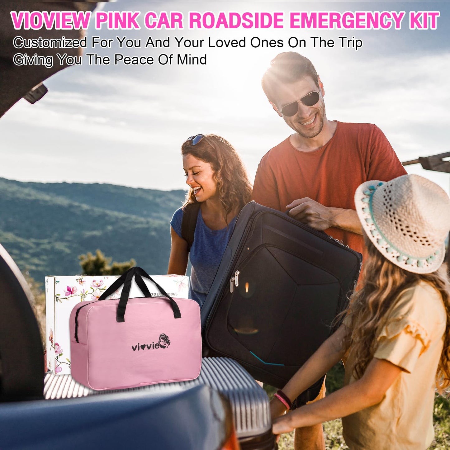 vioview Roadside Emergency Car kit for Vehicles, with 4 in 1 Inflatable Car Vacuum Cleaner, Pink Jumper Cables, First Aid Kit, Tow Rope, Vehicle Road Trip Must Haves Pink Accessories for Women