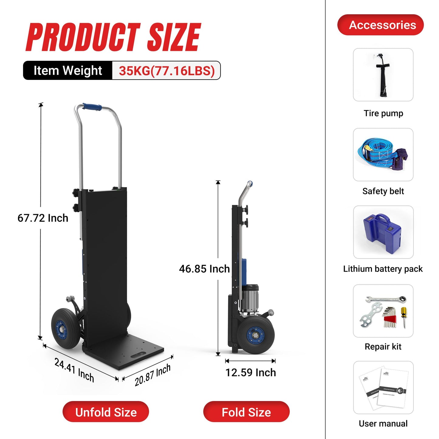 XSTO ZW4250 Electric Dolly Stair Climbing Cart, 1500W Powered Stair Climber Hand Truck Trolly, 550lbs Load Capacity Motorized Stair Climbing Dolly for Moving Heavy Cargoes on Stairs