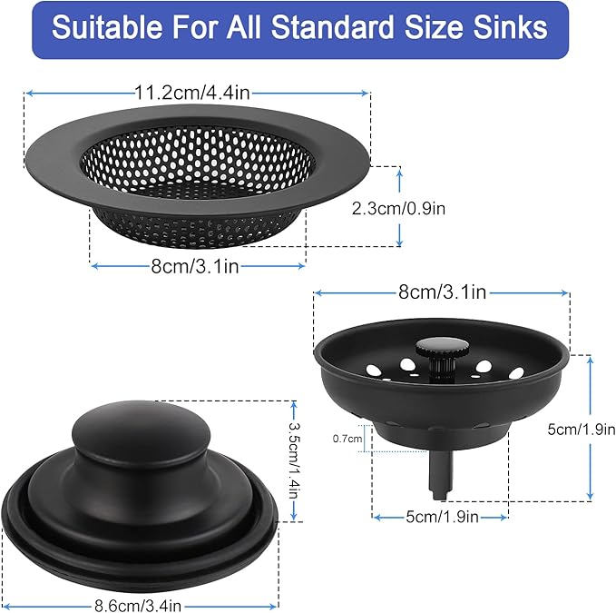 Kitchen Sink Drain Strainer 3 Pack Stainless Steel Sink Stopper, Anti-Clogging