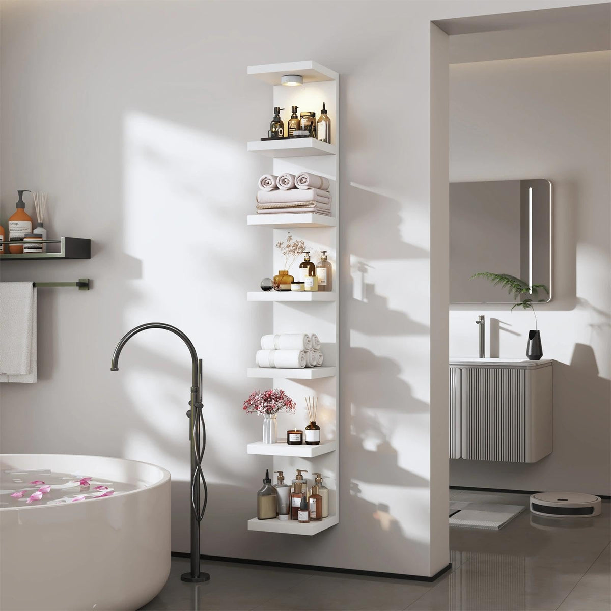 White 7-Tier Vertical Wall Shelf Unit with USB Rechargeable Led Light (Remote Controlled),Versatile Floating Display Shelves,Lack Style Wall Shelves for Bedroom,Living Room,Office Decor,Vanity