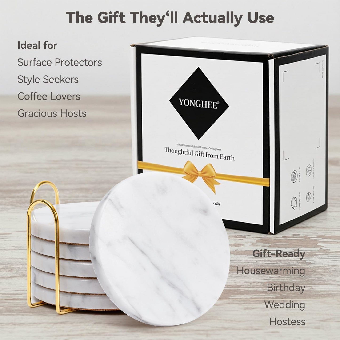 YONGHEE Soft White Marble Coasters Set of 6 with Holder, Elegant Drink Coasters for Coffee Table, 4" Polished Natural White Stone Coaster with Grey Veins - Heat Resistant, Non-Slip, Housewarming Gift