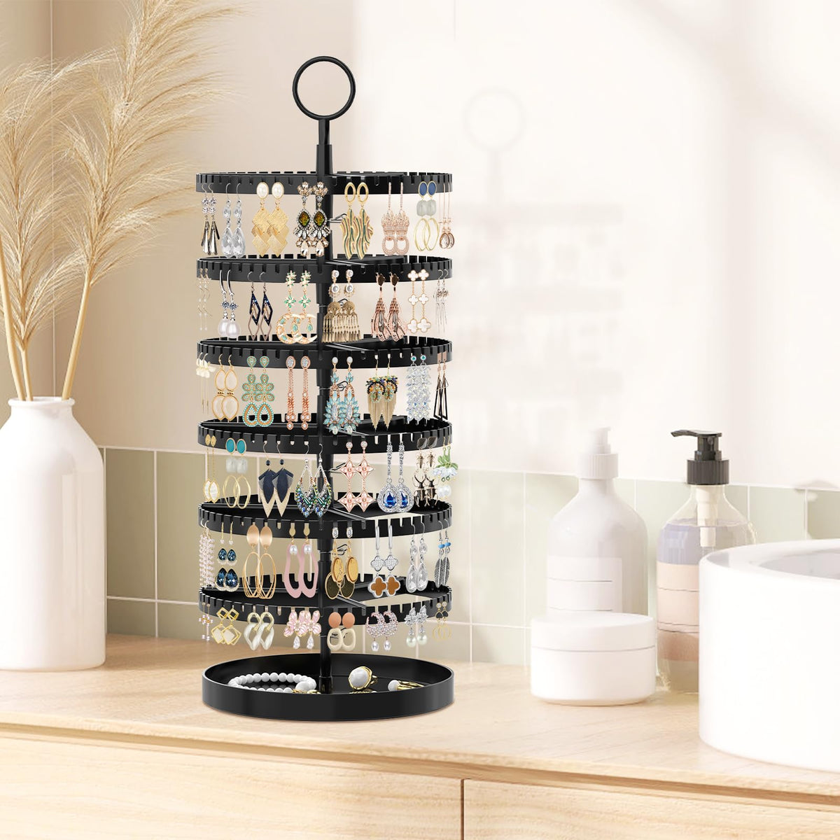 iDavosic.ly 6 Tier Rotating Earring Holder Organizer with Metal Tray, Adjustable Plastic Dangle Display Stands Tree with 342 Grooves, Large Hoop Storage Rack Tower, Black