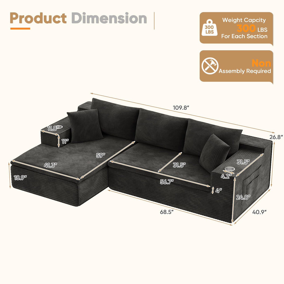 Homall 109" Boneless Couch with Memory Foam, Modular Sectional Sofa with L-Shape Chaise, Cloud Couch with Deep Seat, Dual Cup Holders & Side Pockets, No Assembly Required (Black)