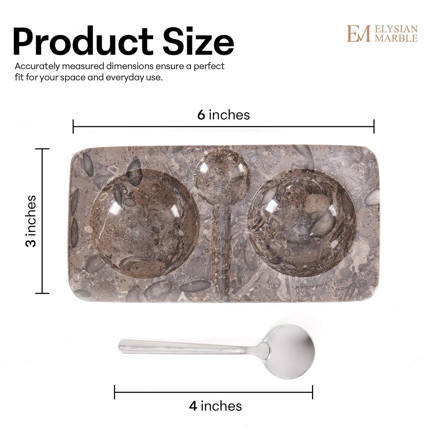 Marble Salt and Pepper Dish with Spoon, Handcrafted Double Spice Tray with 2 Compartments, Natural Stone Condiment Dish for Cooking Prep and Serving - Oceanic Grey