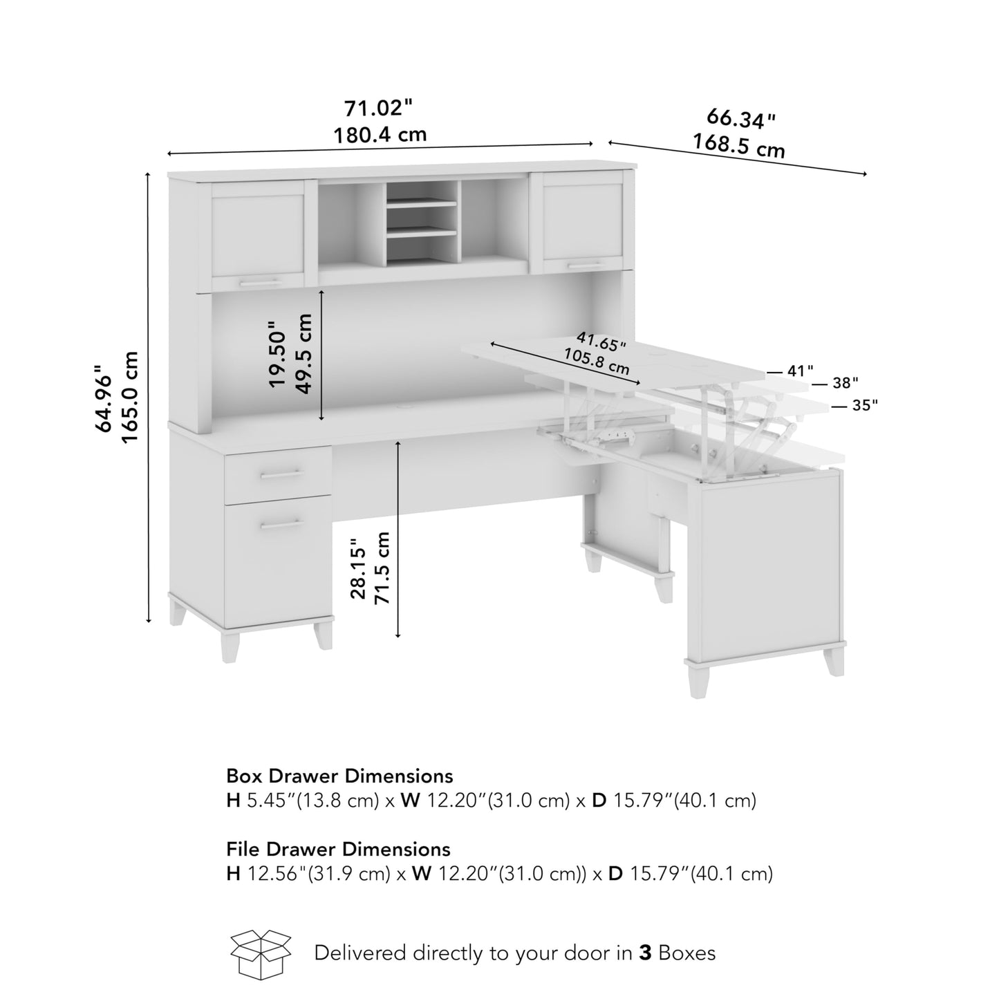 Bush Home 72-Inch L-Shaped Sit to Stand Desk with Hutch, Adjustable Height Standing Corner Computer Desk with Drawers, Shelves, Storage Cabinet, Home Office, Somerset Collection, Storm Gray and White