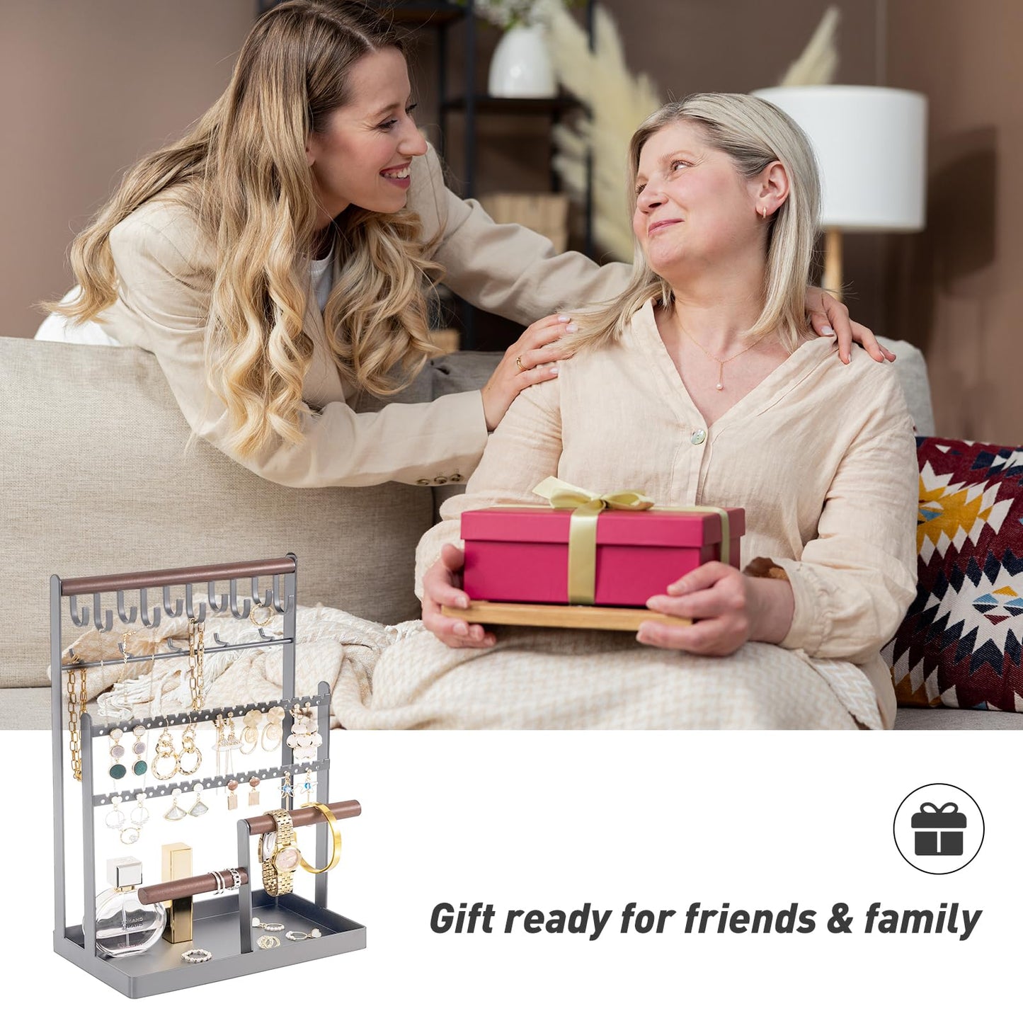 ProCase Jewelry Organizer Stand Necklace Organizer Earring Holder, 6 Tier Jewelry Stand Necklace Holder with 15 Hooks, Jewelry Tower Display Rack Storage Tree for Bracelets Earrings Rings -Grey