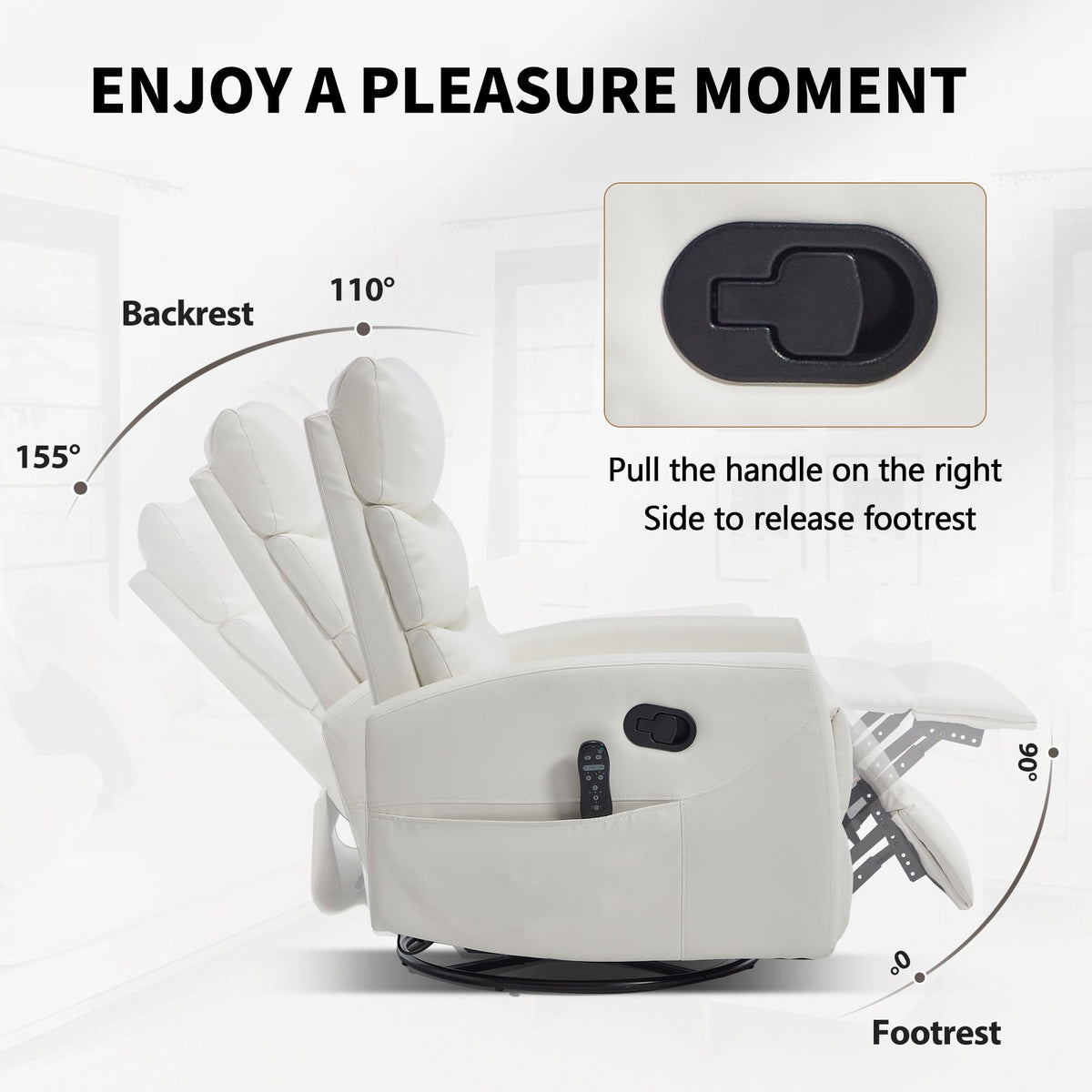 KEIKI 4-in-1 Manual Swivel Rocker Recliner Chair for Home Living Room, Faux Leather Chair with Back Massager & Heat, Home Theater Seating with Lumbar Support, Cozy Reading Chairs for Adults, White