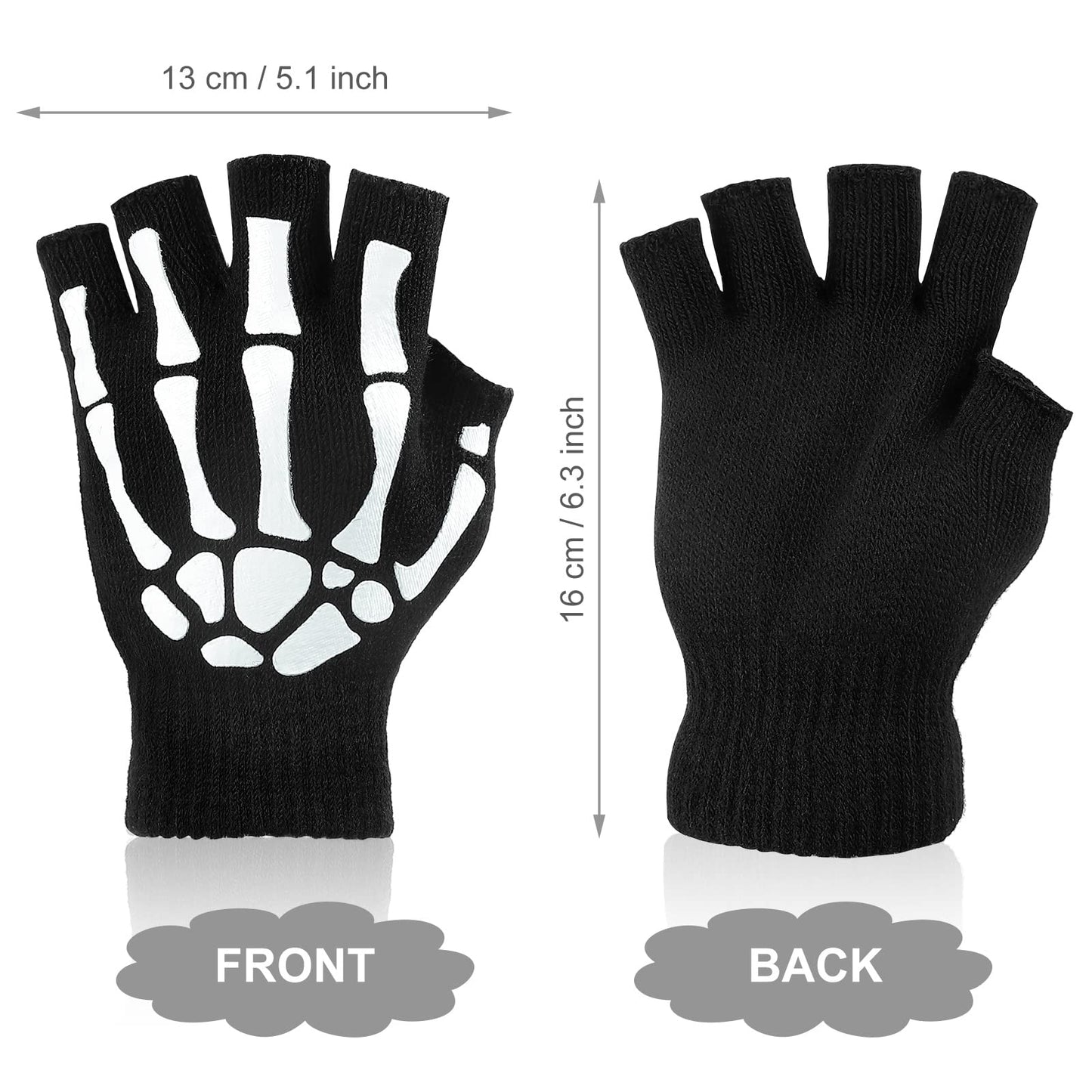 Tatuo 3 Pairs Skeleton Fingerless Glove Glow in the Dark Glove for Kid Adult Halloween(Medium)