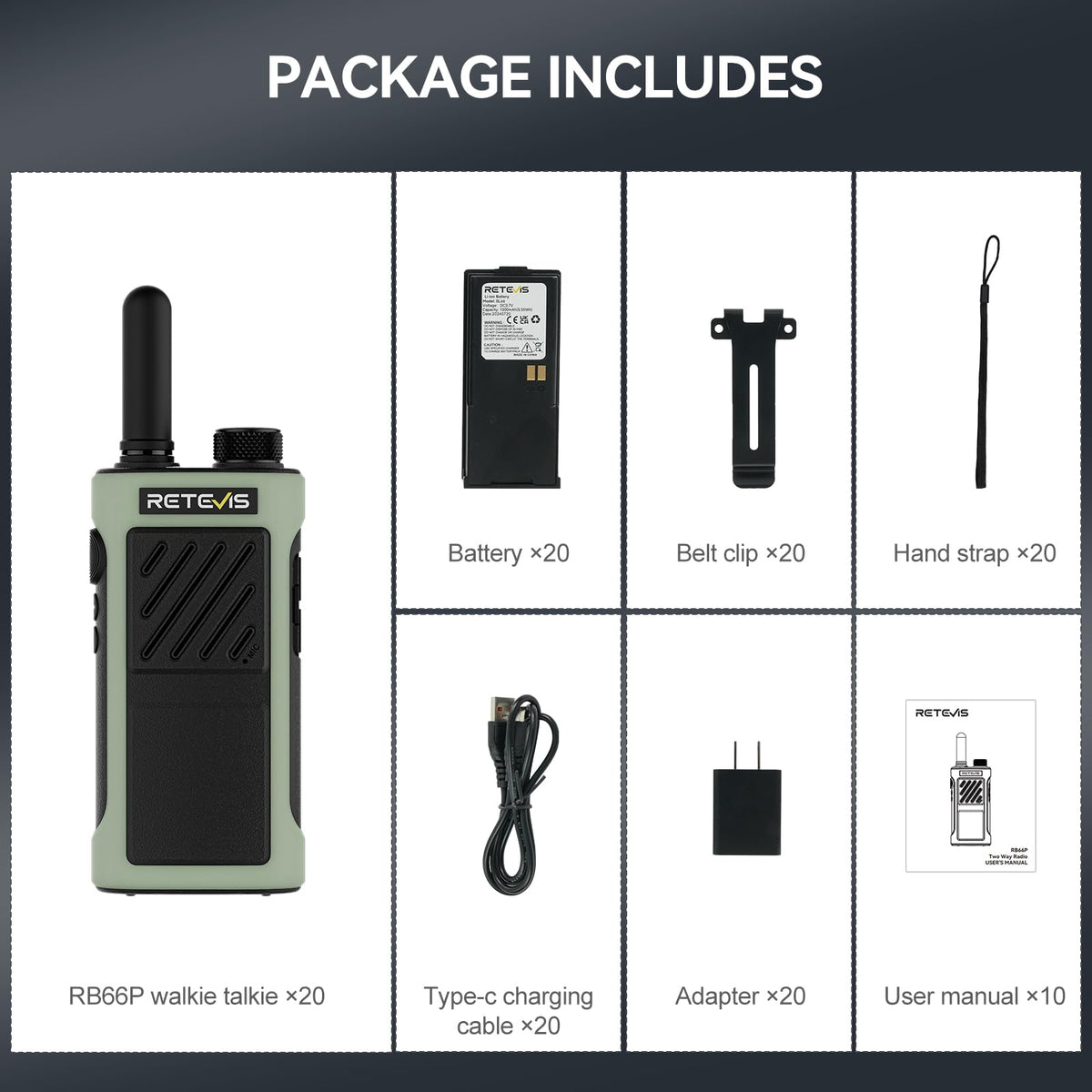 Retevis RB66P Fast Charging 2 Way Radio, Commercial Walkie Talkies,1500mAh Battery,USB-C Charging,Two Way Radio Long Range for School Nursing Home (20 Pack)