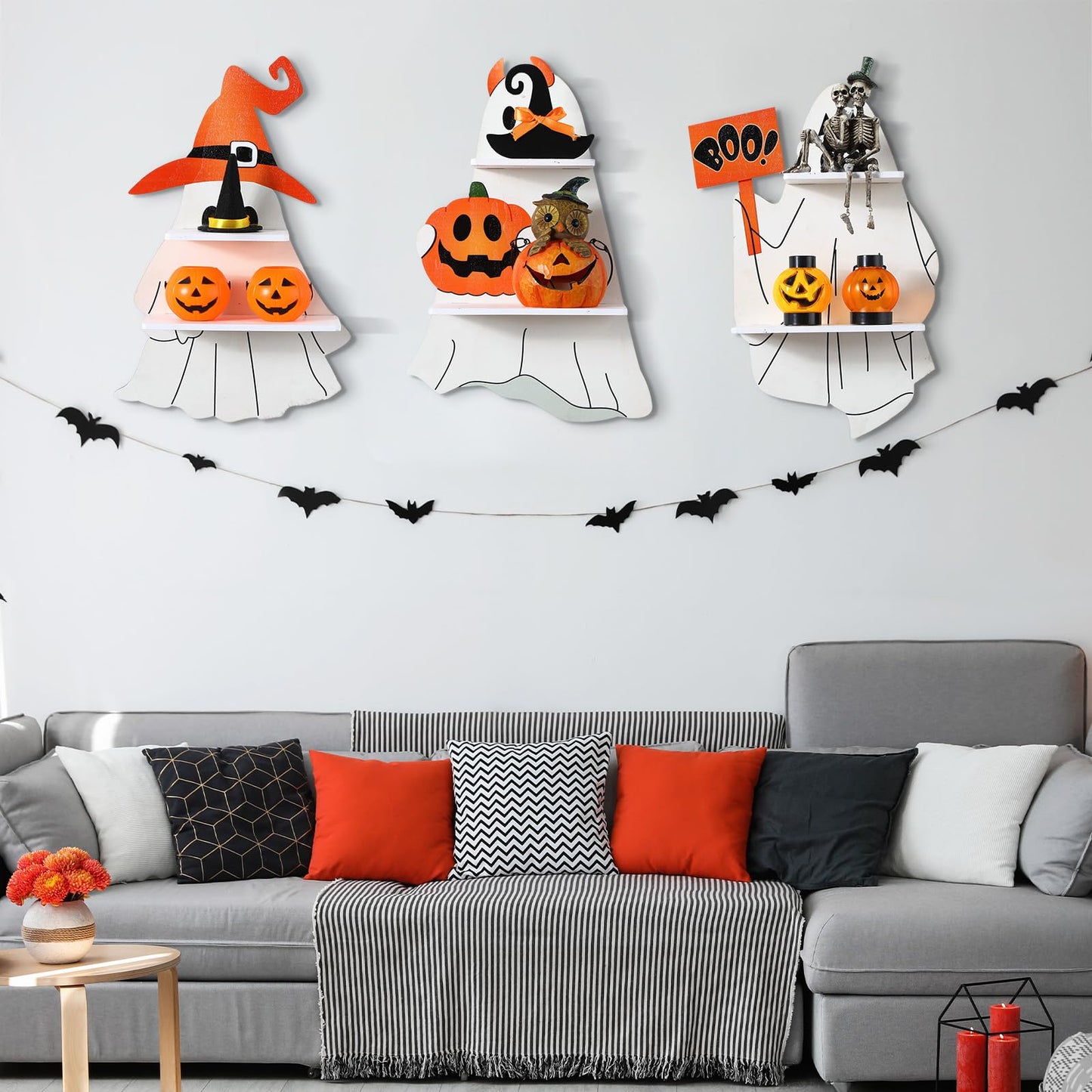 Lineshading 3 Pcs Halloween Ghost Wall Shelves Wall Decor Hanging Sign with Shelf Bathroom Shelves Aesthetic Crystal Shelf Ghost Decor for Bedroom Livingroom Party Decoration