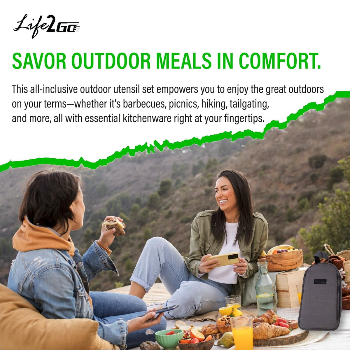 Life2Go 12 Piece Camp Cooking Utensil Set & Outdoor Kitchen Gear Cookware Kit, Portable Compact Carry Case for Camping, Hiking, Travel, BBQ Grilling Stainless Steel Accessories Spoon & Fork, Gray