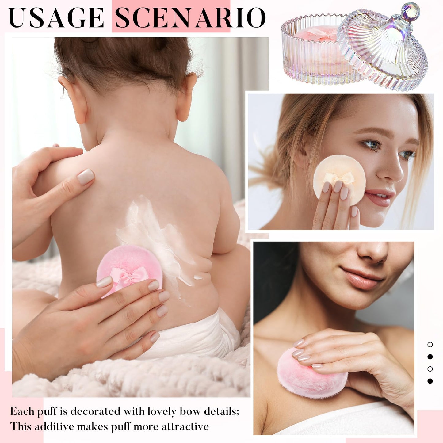 Tioncy 3 Pcs Large Body Powder Puff and Container Valentine's Day gift Powder Container with Puff Crystal Case Soft Washable Reusable Velour Face Body Glitter Wet Dry Makeup(Classic,Dazzling)