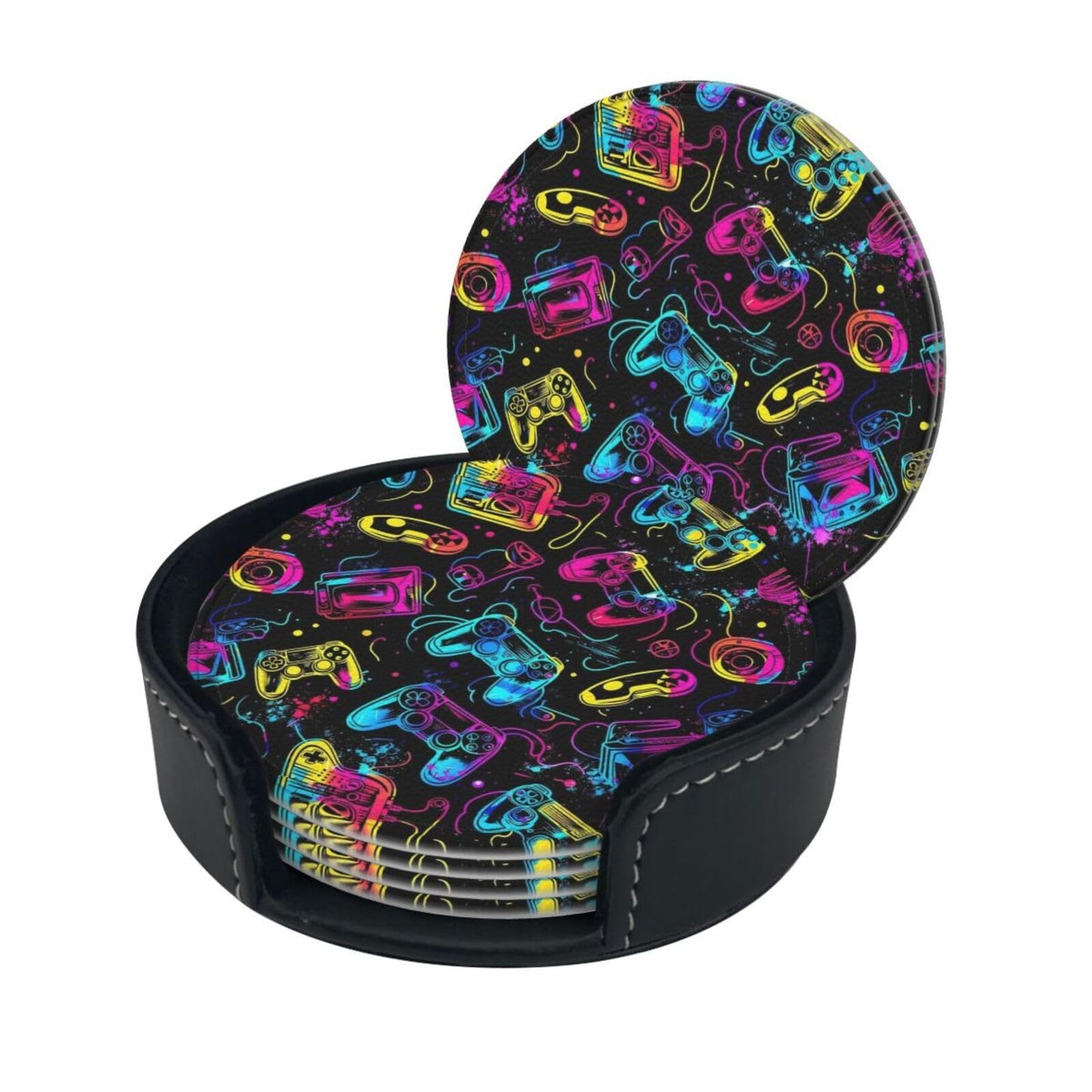 BOXIMIAO Drink Coasters with Holder Stand Set of 6, Bright Game Controller Pu Leather Absorbent Coasters with Cork Base Table Coaster Round Coasters for Housewarming Apartment Kitchen Bar Decor