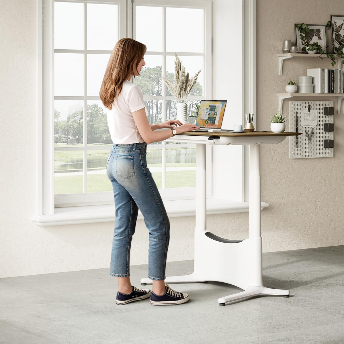 COLAMY Electric Adjustable Standing Desk – 48 x 28 Inch Sit Stand Desk with Drawer & Cable Management, Dual Motor Lift System, Ergonomic Footrest, Home Office Table (Veneer Desktop, Walnut + White)