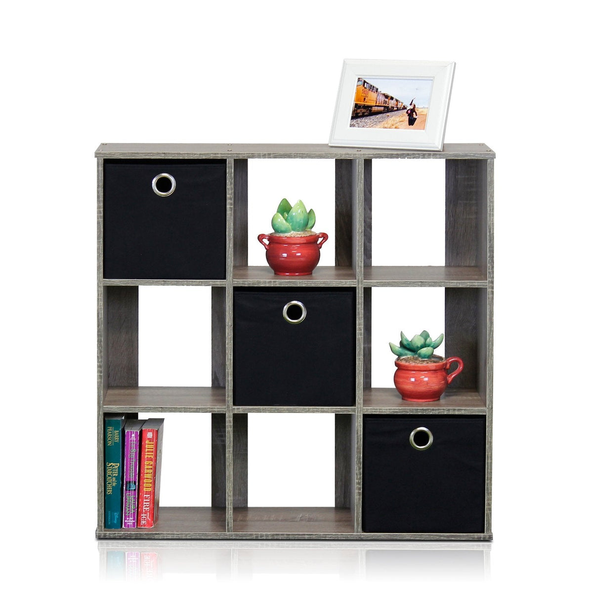 Furinno Simplistic 9-Cube Organizer with Bins, Small Size (Assembled unit dimensions : 7.9"D x 26.5"W x 26.7"H inches), French Oak/Black
