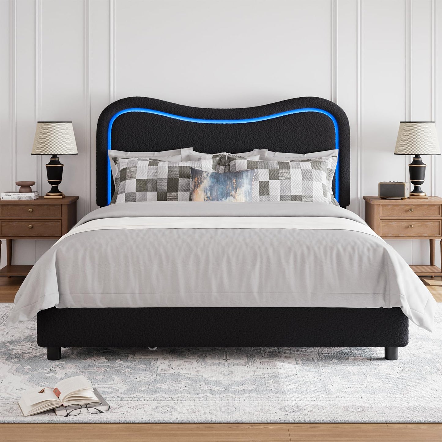Garvee Boucle Queen Bed Frame with 2 Storage Drawers, Upholstered Platform Bed with LED Headboard, Wood Slats Support, No Box Spring Needed for Kids, Teens-Black