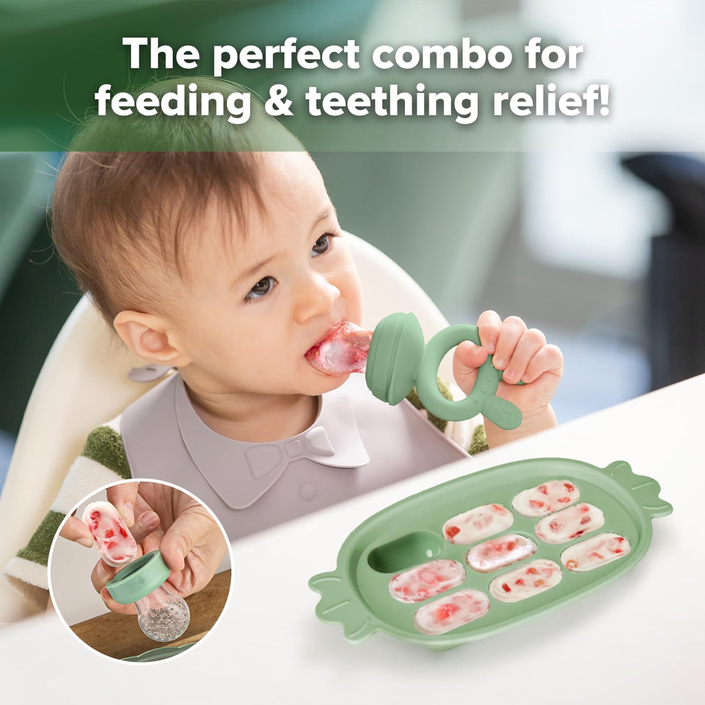 Haakaa Baby Fruit Food Feeder & Silicone Freezer Nibble Tray Combo - Breastmilk Popsicle Mold for Baby Cooling Relief, BPA Free Baby Mesh Food Feeder for Infant Self Feeding - Pea Green
