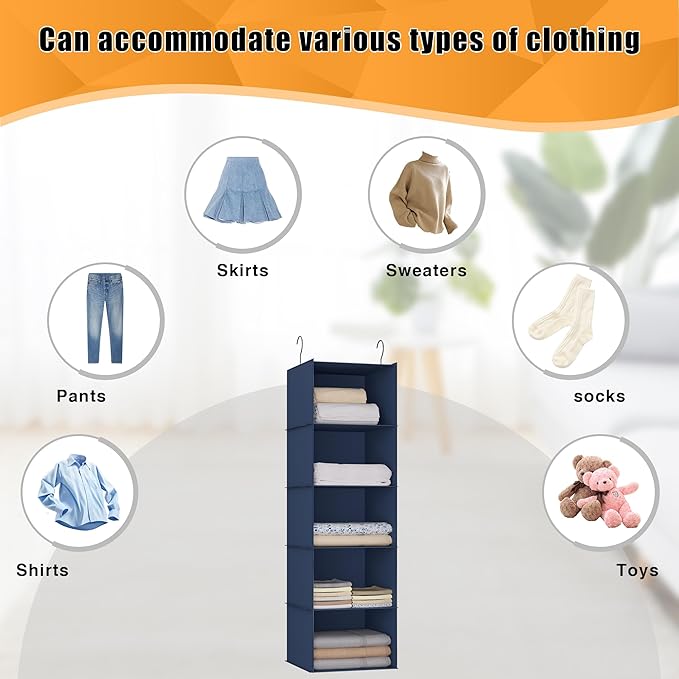 Hanging Closet Organizer and Storage 5-Shelf, Easy Mount Foldable Hanging