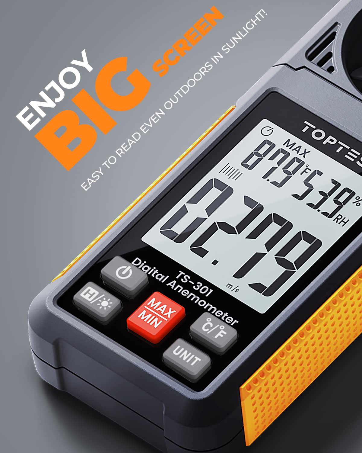 TopTes TS-301 Anemometer Wind Speed Meter, 2.26-Inch Display Wind Meter with Backlight, Max/Min/Average - Orange