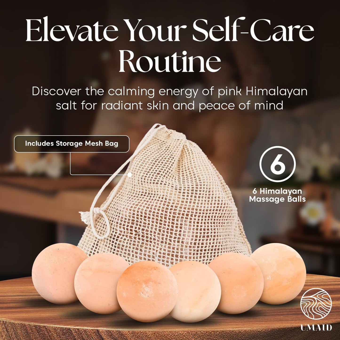 UMAID Himalayan Salt Massage Balls 6-Pack – Natural Himalayan Salt Massage Stones with Cotton Mesh Bag for Hot & Cold Muscle Relief, Spa Massage Therapy, Relaxation & Wellness Gifts for Men & Women