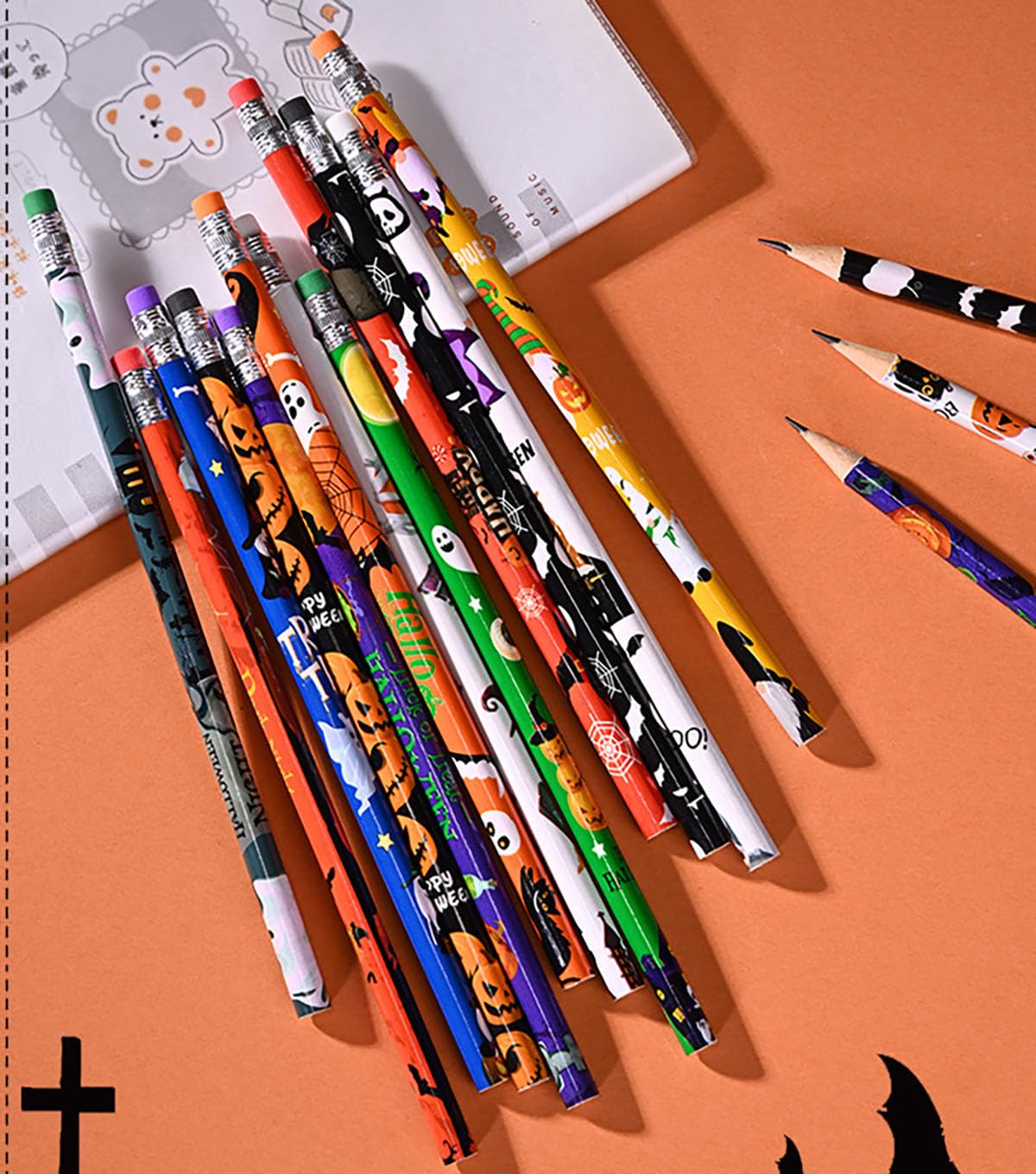 YYaaloa 144 Pcs Wooden Pencil with Eraser Halloween Colorful Pencils Novelty Fun Holiday Gift Office Supply Writing (144pcs, Halloween)