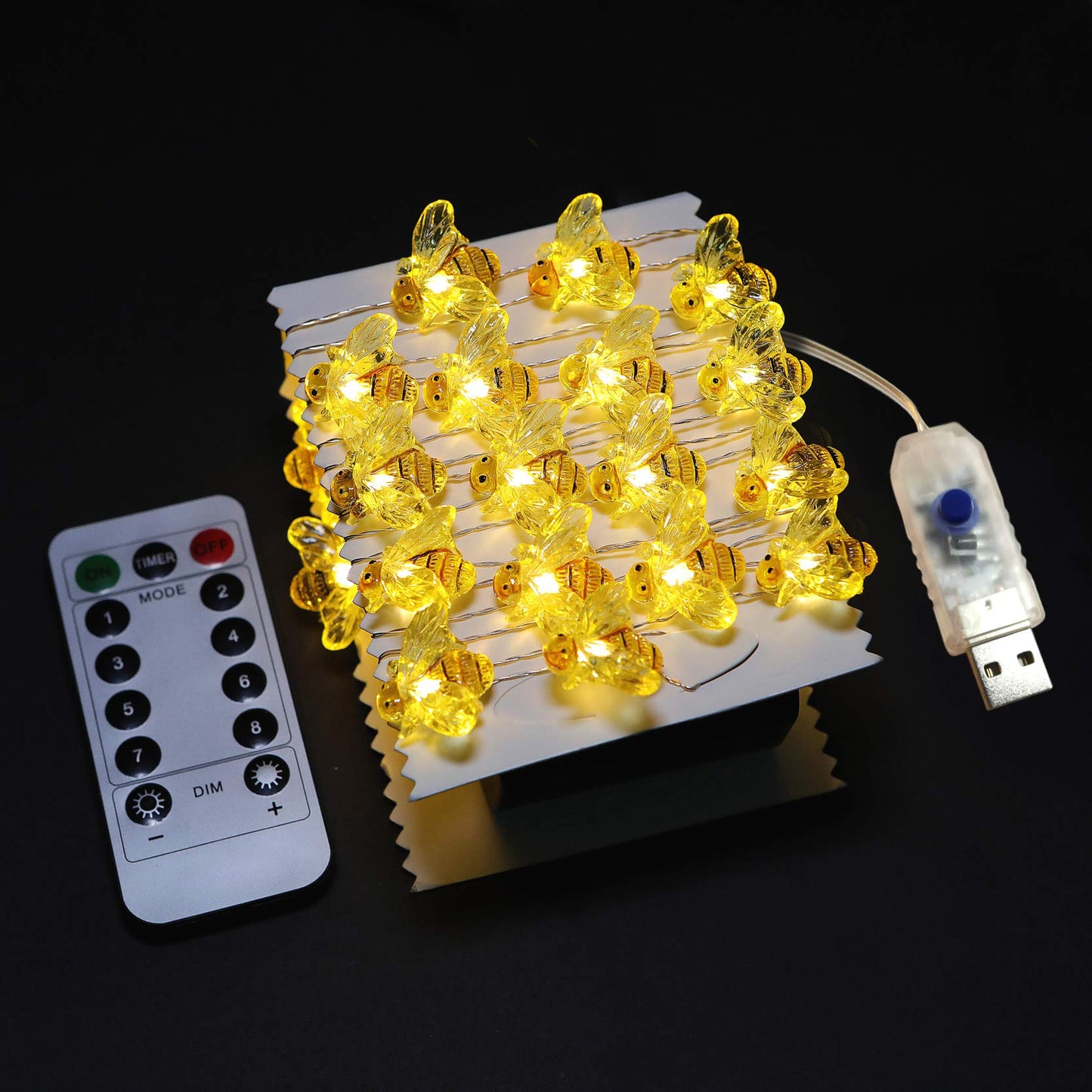 WSgift Honeybee Decorative String Lights 18.7 Ft 40 LED USB Interface Copper Wire Bee Fairy Lights for Various Decoration Projects (Warm White Remote Control with Timer)