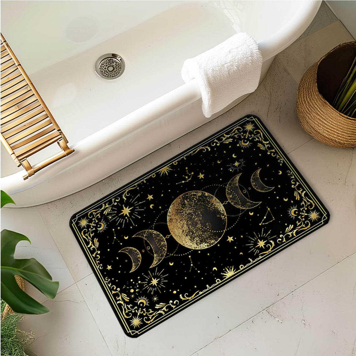 WARDOS Mystical Gold Boho Triple Moon Door Mat, Witchy Celestial Sun and Moon Astrology Doormats for Front Door Outdoor Indoor Entrance Entryway, Witch Stars Aesthetic Area Rug Bath Mats, 17x30 Inch
