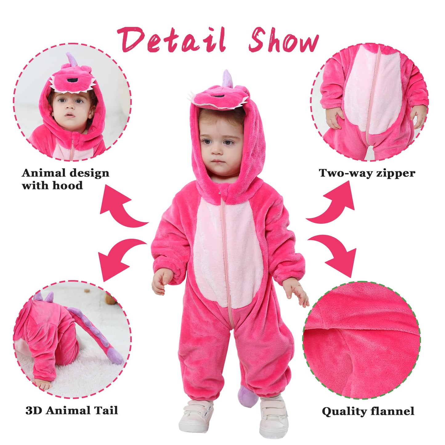 Doladola Unisex Baby Toddlers Romper Jumpsuit Hooded Cartoon Sleepsuits Infant Outfit (3-4 Years, Rose Dinosaur)
