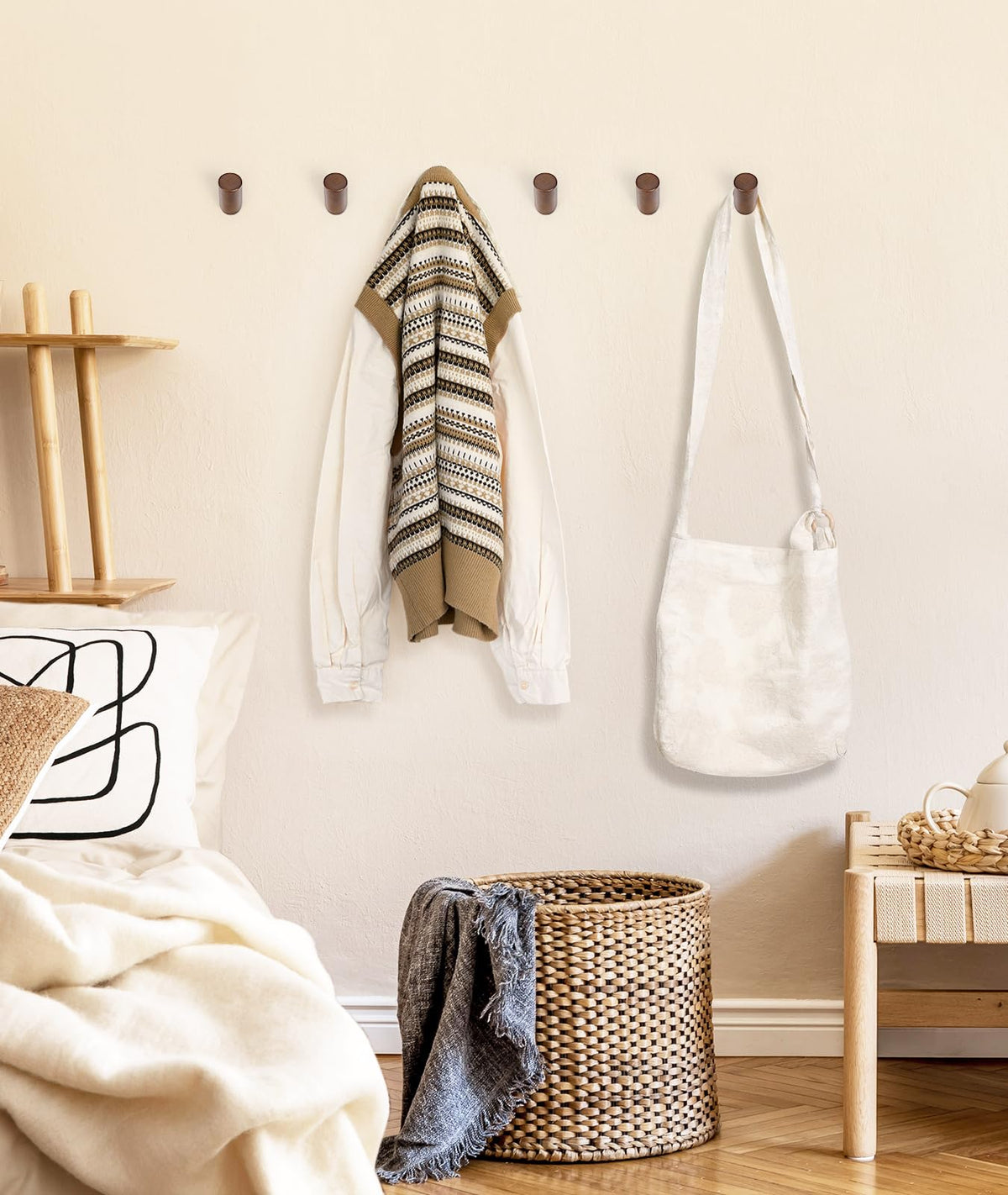 Optish Wood Wall Hooks for Hanging, 6 Pack Hat Hook for Walls, Coat Hook Wall Mount, Backpack Hooks for Walls, Bathroom Towel Hanger (Walnut)