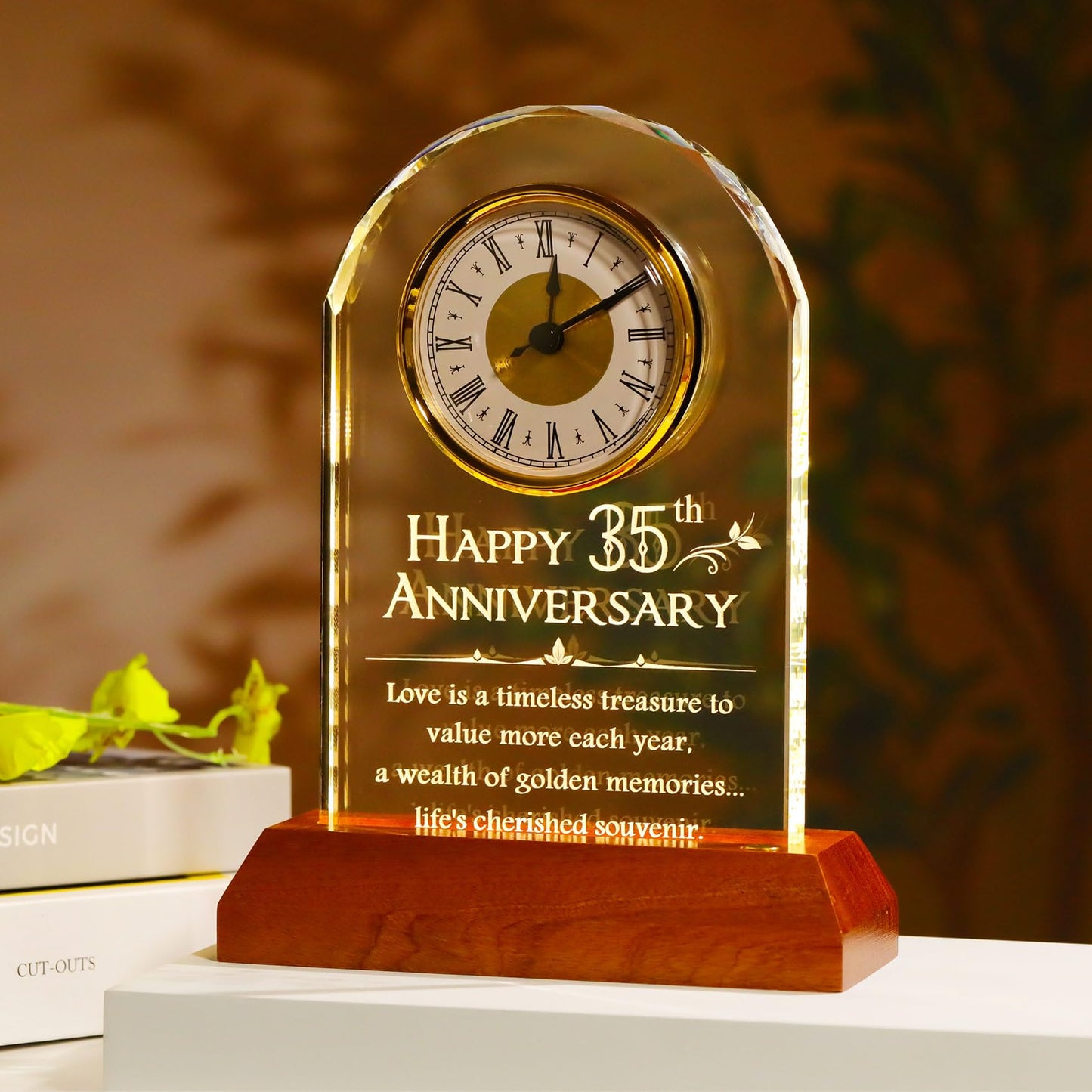 YWHL 35th Wedding Anniversary Clock Gifts for Couple, 35 Years for Wife Husband, Table Clock Glass Presents with Wooden Light Base for HomeDecoration (Battery not Included)