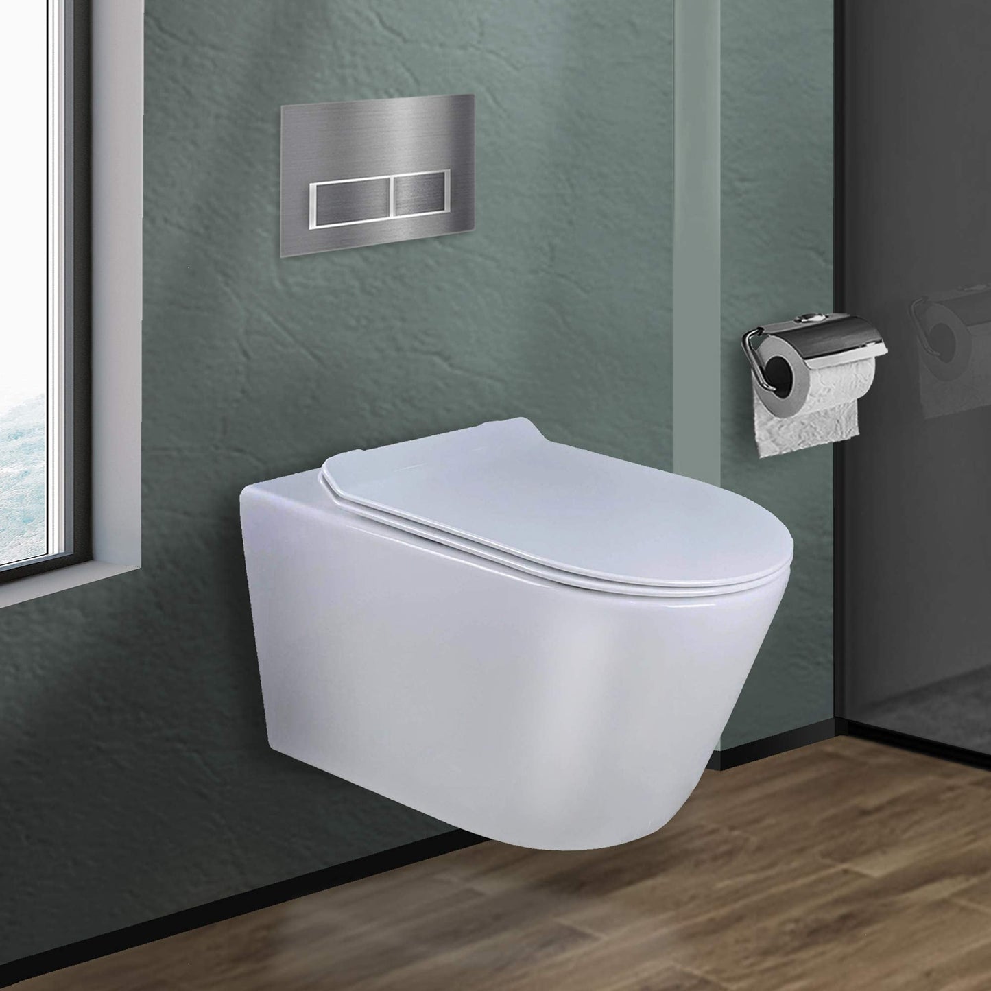 Fine Fixtures Dakota In-Wall Toilet Combo Set, Wall Hung Toilet Bowl with Soft Close Seat, Concealed Tank and Carrier System for 2x4 Studs, Push Buttons Included