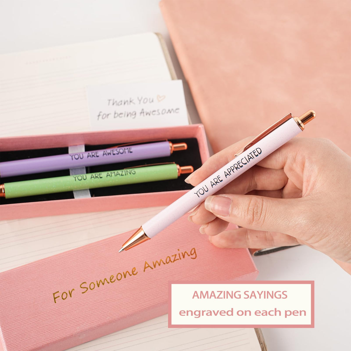 KeCee Thank You Gifts, 3pK Inspirational Pens in Fancy Box, Personalized Appreciation Gifts for Coworkers Teacher Nurse, Cute Ballpoint Pen for Women