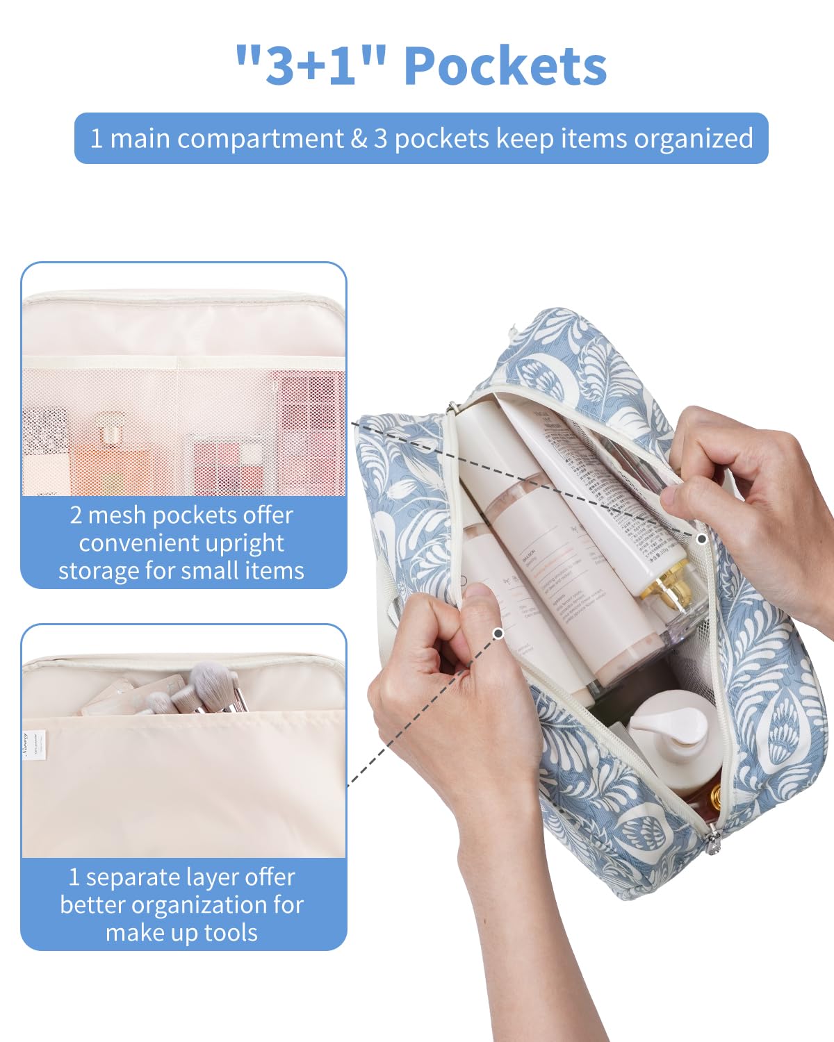 Full Size Toiletry Bag Large Cosmetic Bag Travel Makeup Bag Organizer for Women (Blue Leaf)