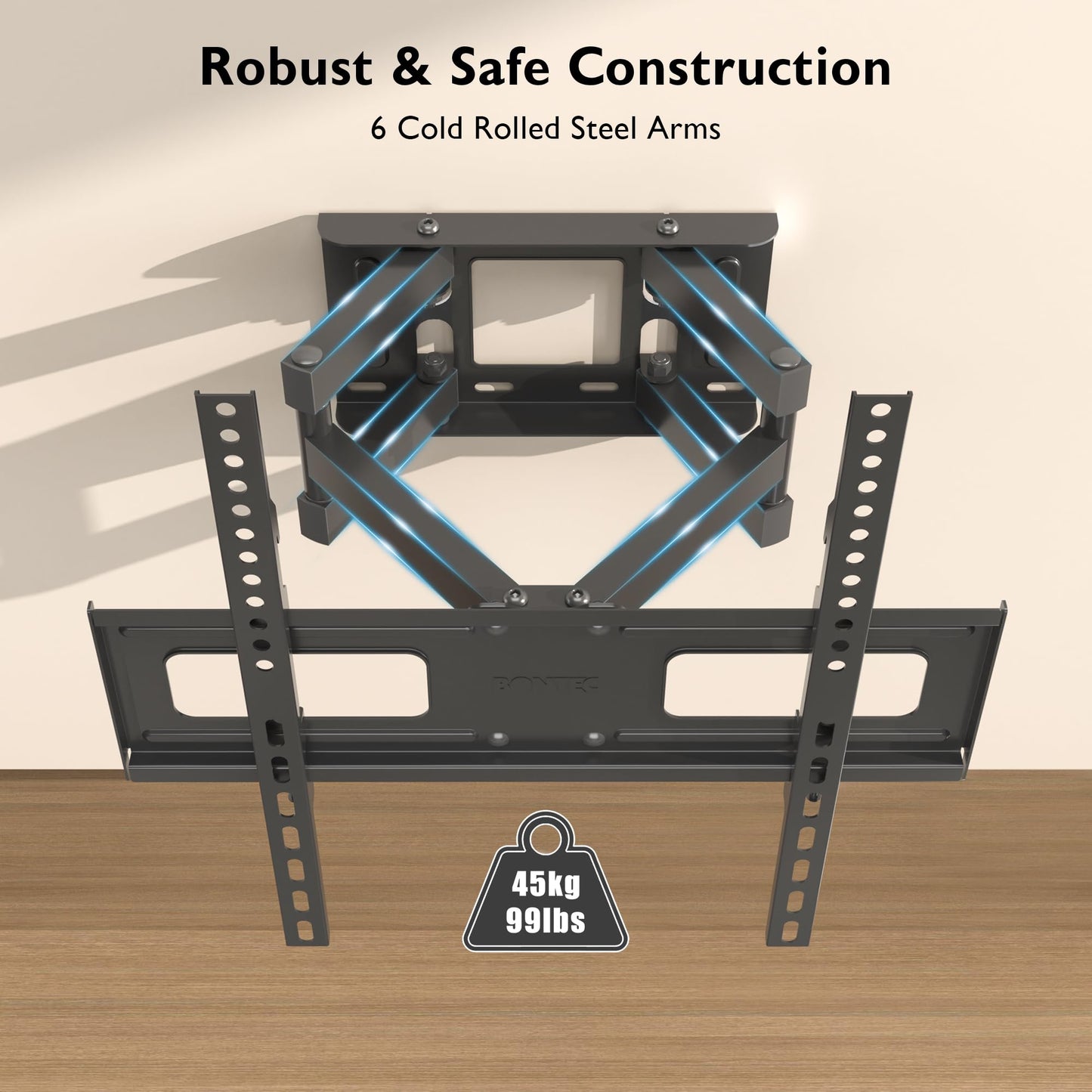 BONTEC TV Wall Mount for 23-70 Inch LED LCD, Swivels Tilts Extends Double Arm Full Motion TV Wall Bracket Holds up to 45kg, Includes HDMI Cable, Spirit Level, Max VESA 400x400mm