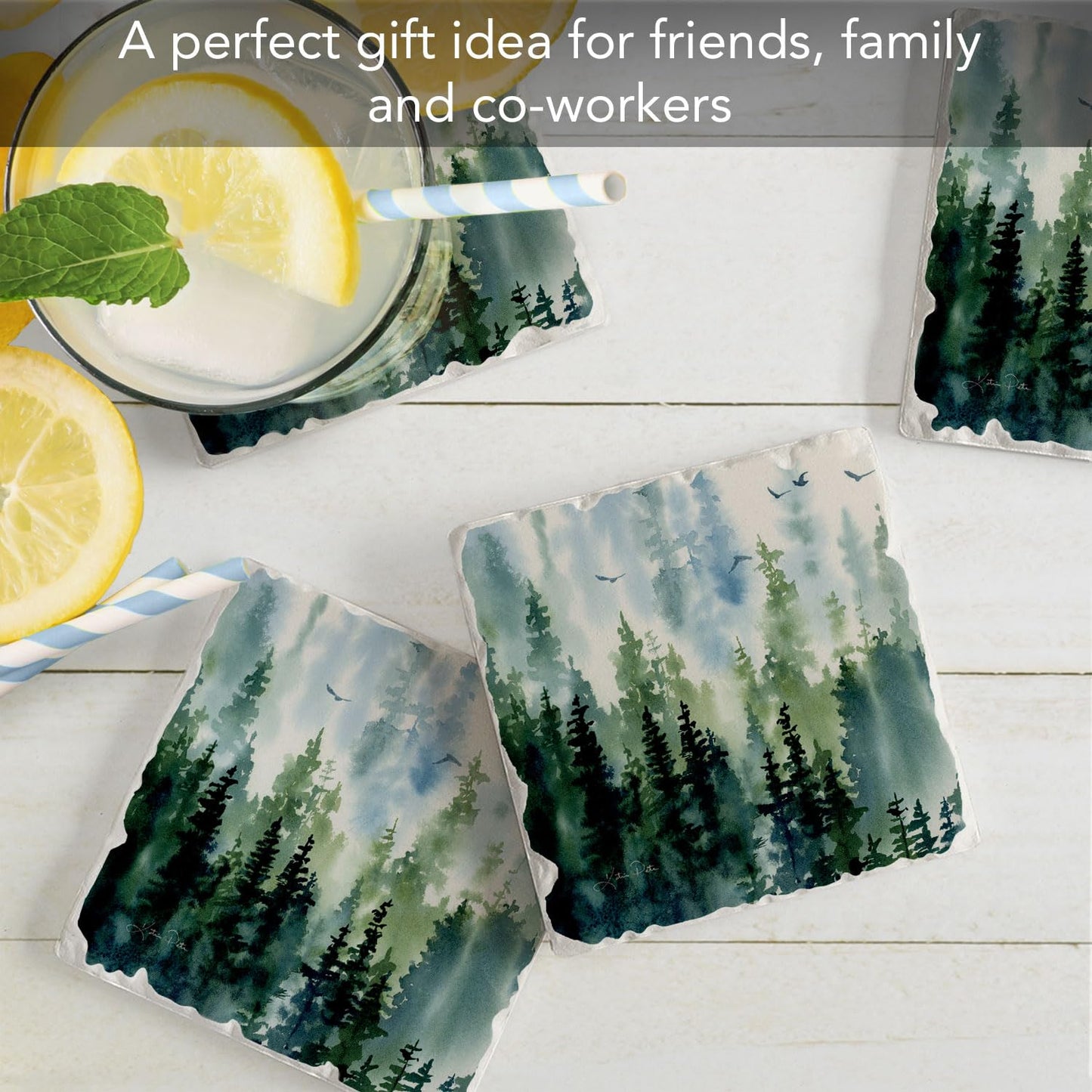 Thirstystone Tree Line 4 Pack Assorted Tumbled Tile Stone Coasters with Protective Cork Backing 4" Square Manufactured in The USA