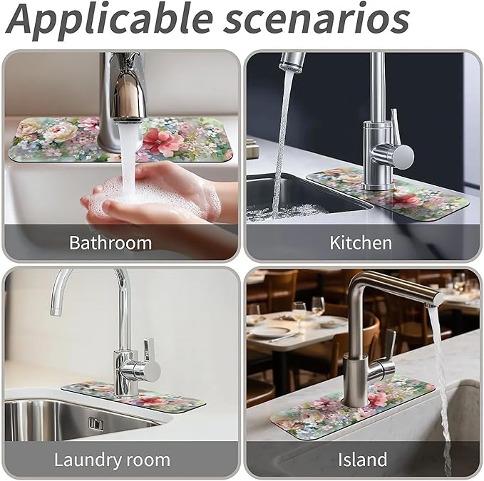 Kitchen Sink Splash Guard,soft-watercolor floral Faucet Mat Sink Gadgets-Super