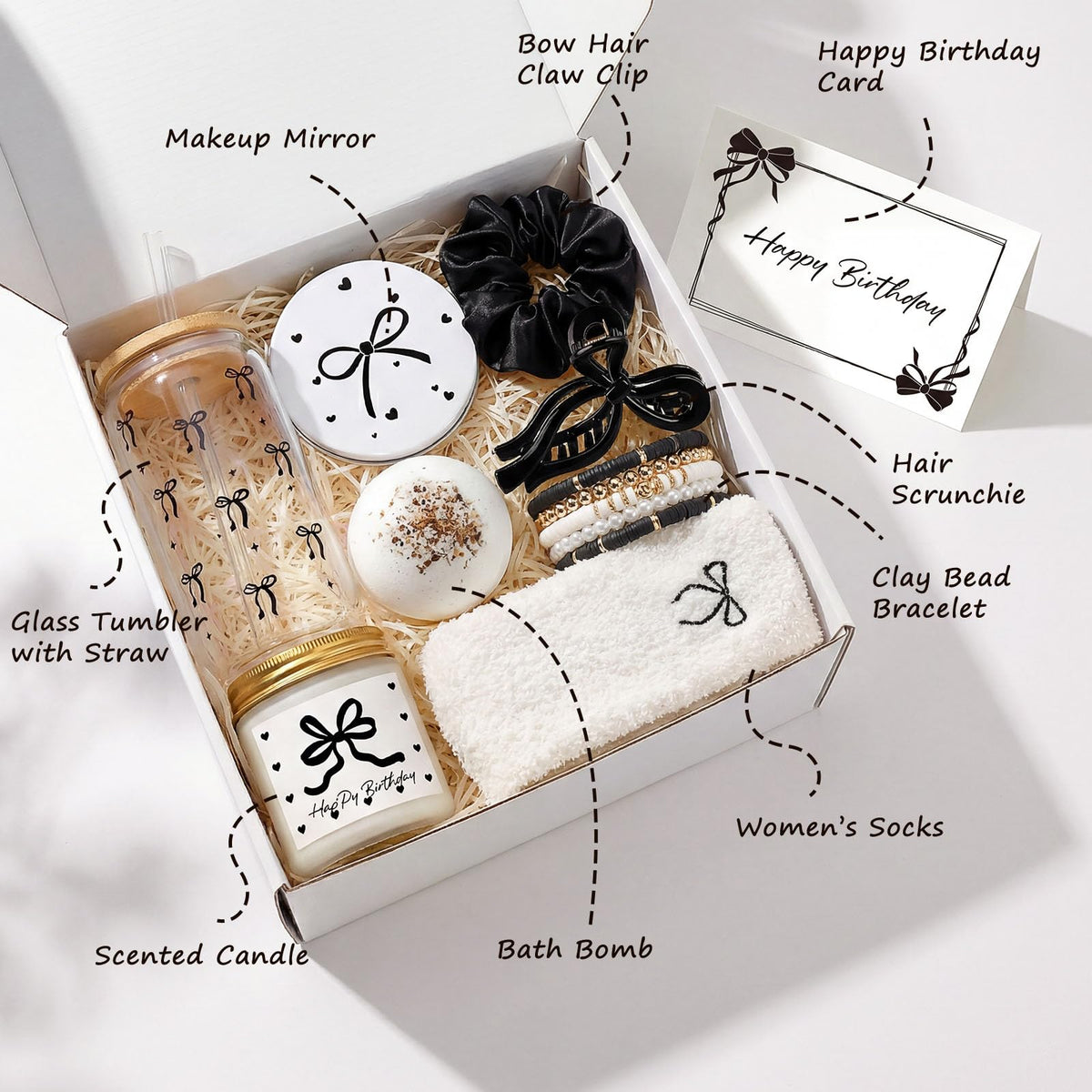 Elegant Birthday Gifts for Women, Black Bow Unique Birthday Relaxing Gifts Box with Scented Candles, Greeting Card & Home-Spa Relaxation, Birthdays Presents for Her, Best Friend, Sister, Wife