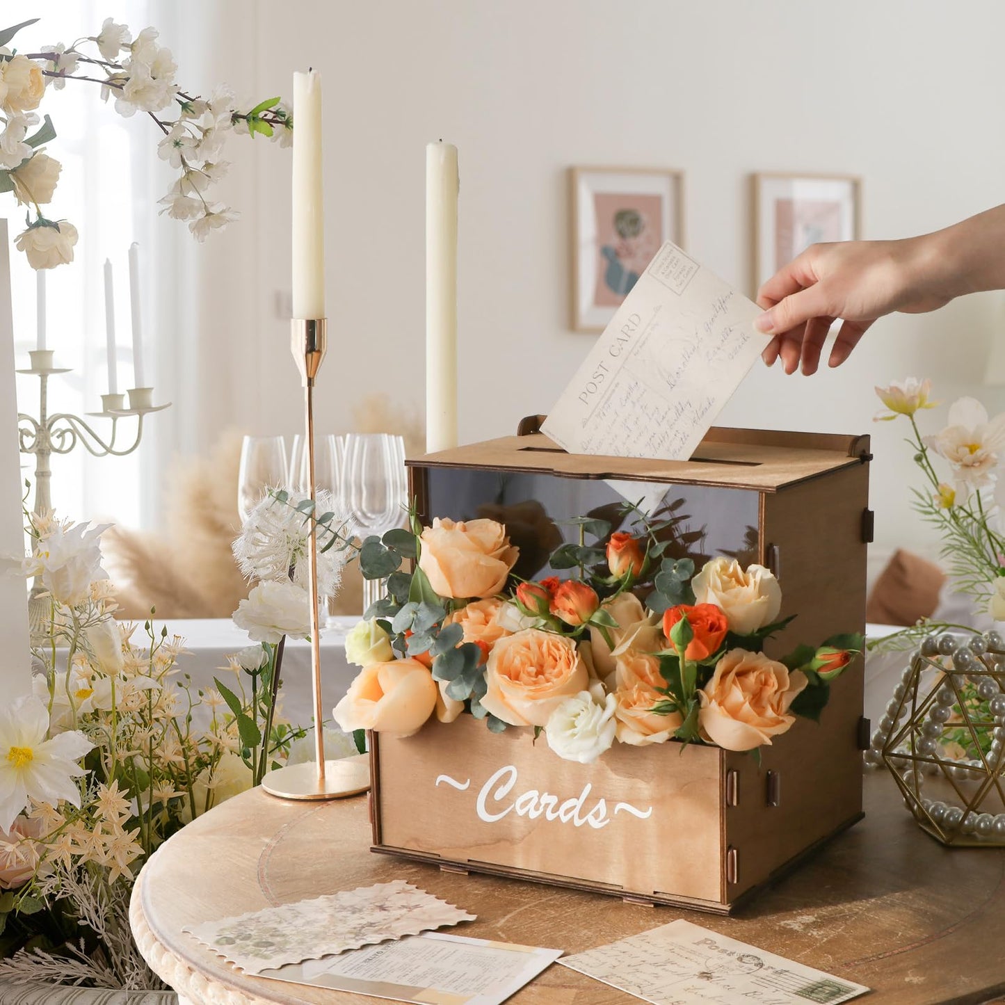 OurWarm Brown Wedding Card Box with Flower Trough & Acrylic Board, Wooden Wedding Card Boxes for Reception, Money Gift Box for Honeymoon, Graduation, Baby Showers, Birthday Party Decorations