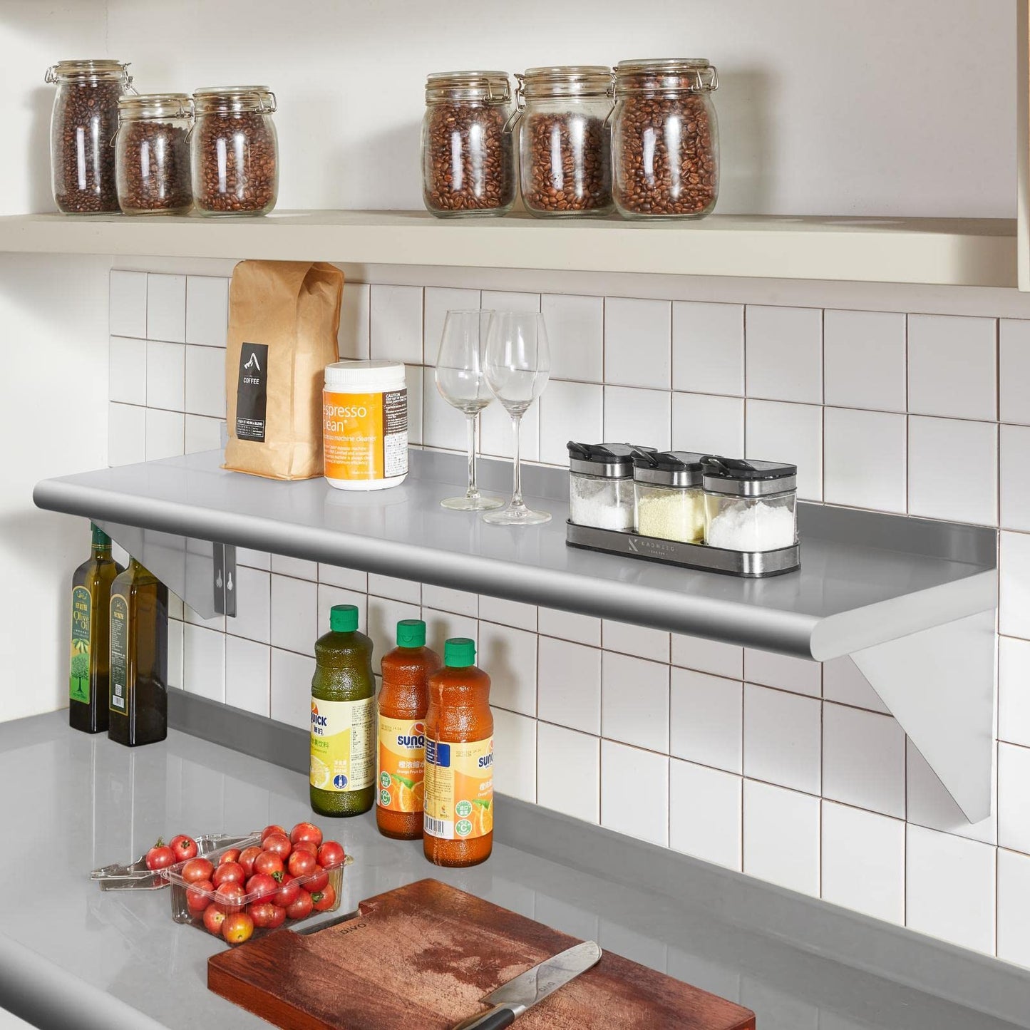 Profeeshaw NSF Stainless Steel Shelf 14” x 60”, 400 lb Commercial Shelves Wall Mounted Metal Shelving with Backsplash and 2 Brackets for Restaurant, Bar, Utility Room, Kitchen and Garage