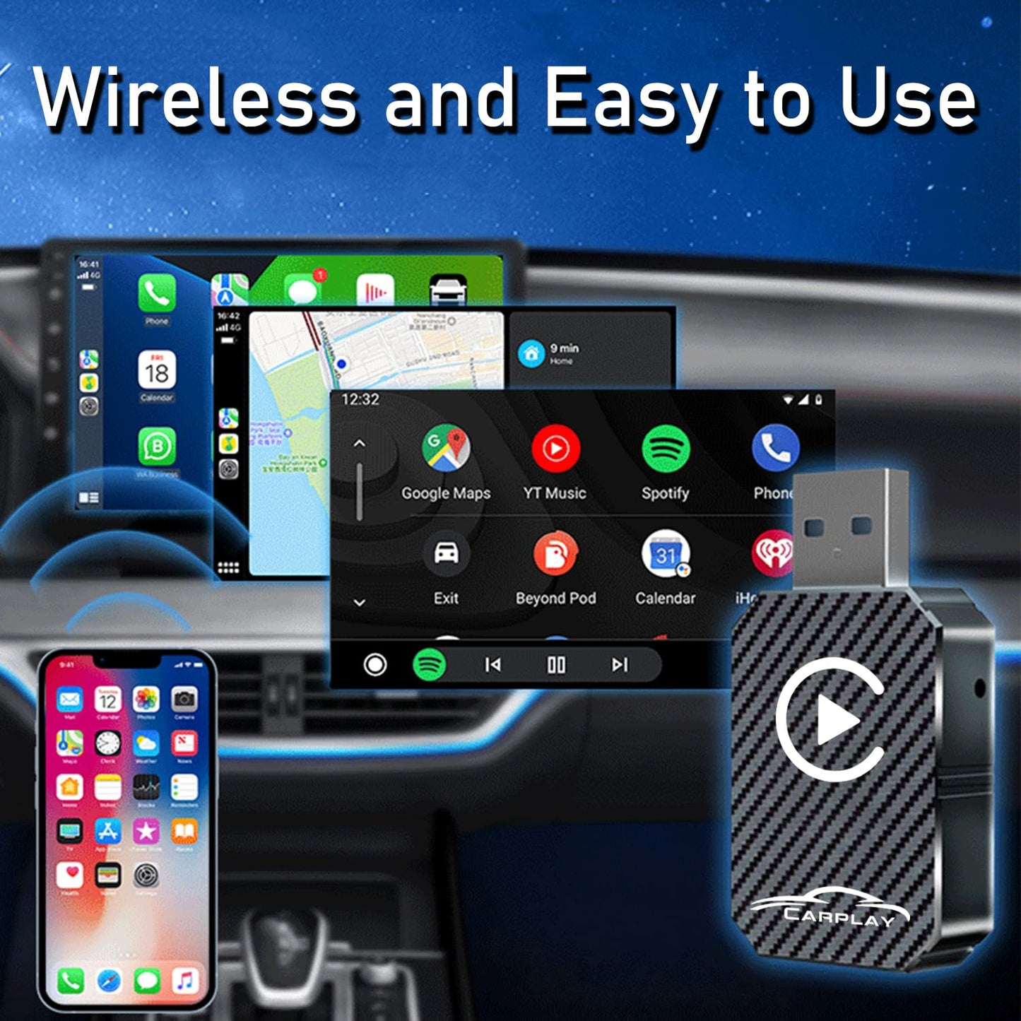 Wireless CarPlay Adapter 2025 Upgraded, Wireless CarPlay Dongle, Converts Wired CarPlay to Wireless, Plug and Play Car Play Wireless Adapter, Compatible with Cars from 2016 & iPhone iOS 12+(Black)