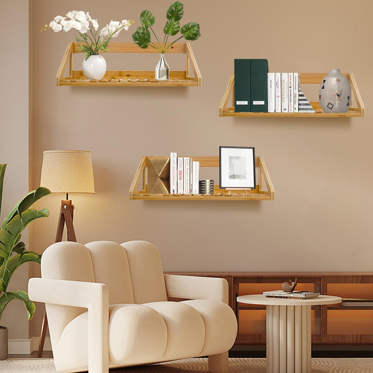 ONEHAUS Floating Shelves Wall Mounted, 3 Pcs Solid Bamboo Wall Hanging Rack Holder, Wall Storage Shelves for Bedroom, Living Room, Bathroom, Kitchen, Office Decor