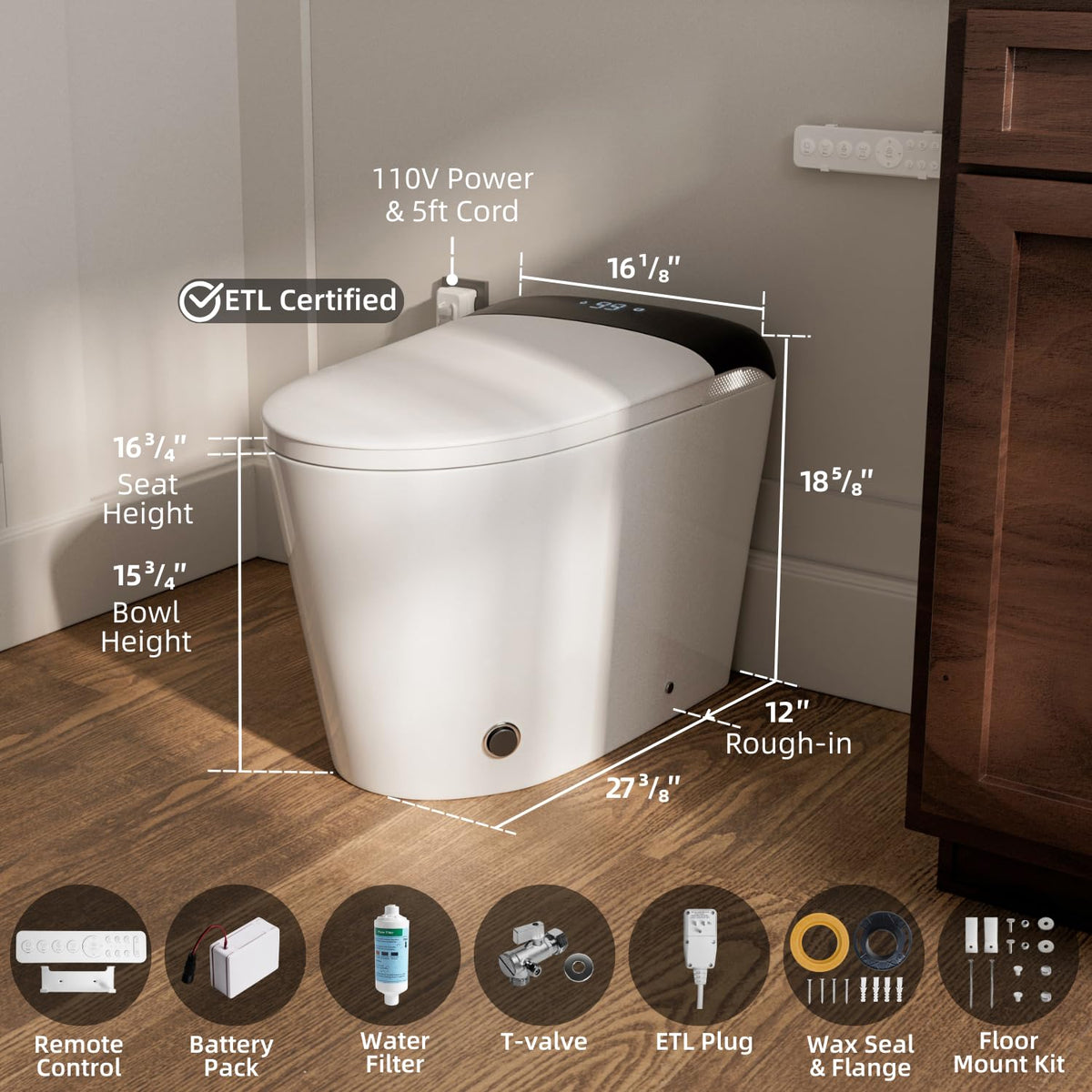 LOS FLEXI E5D Smart Toilet with Bidet, Built-In Water Tank, Battery Backup Flush, Foot Kick Flush, Instant Warm Water, Heated Seat, Warm Air Dryer, Night Light, Side Panel Control & Remote, ETL Plug