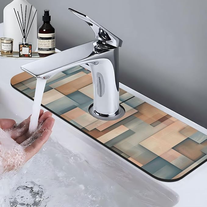 Faucet Draining Mat For Kitchen Sink, Geometric Shapes Brown Beige Diatom Mud